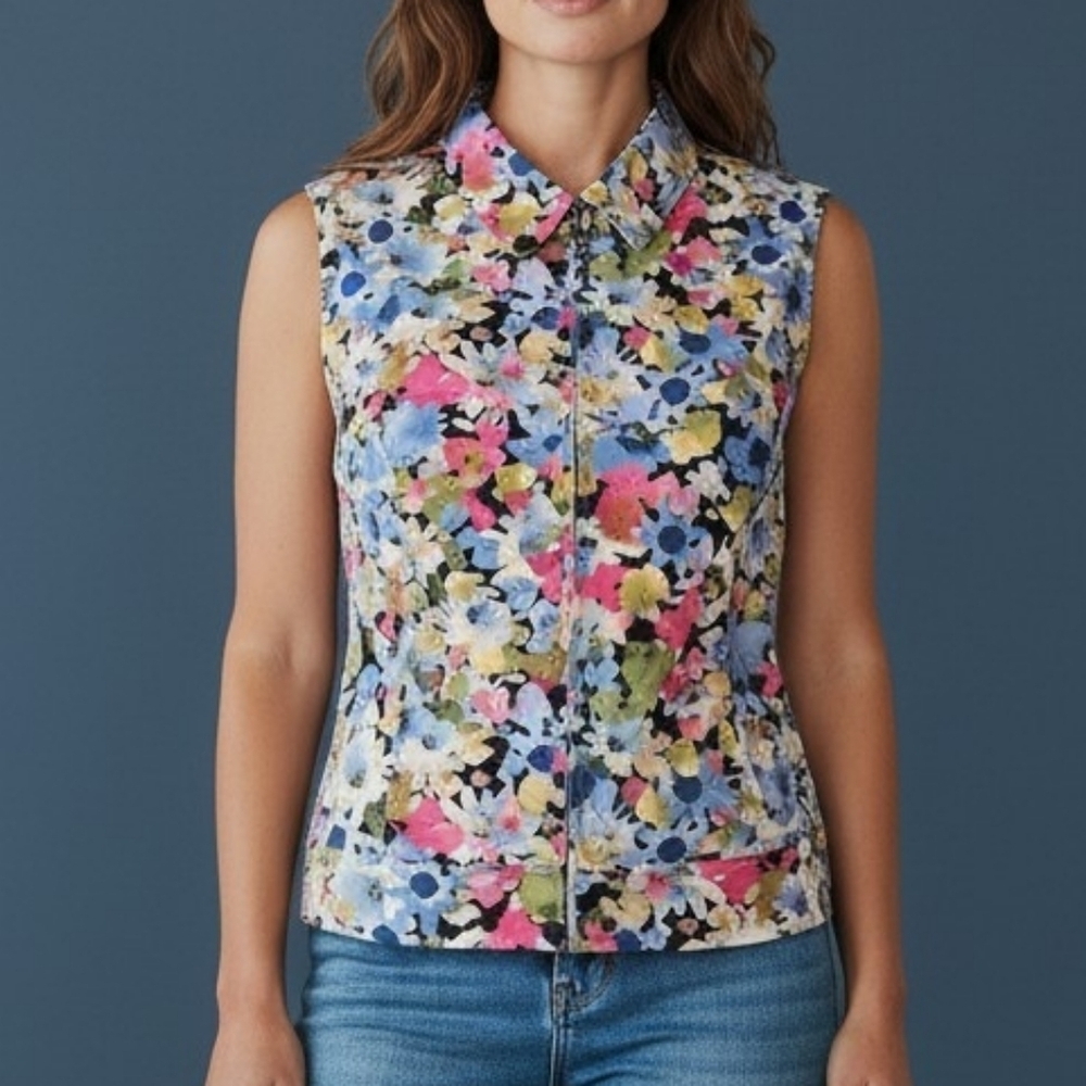 VTG CHRISTOPHER & BANKS Navy Reversible Floral Collared Waistcoat Zipper Vest